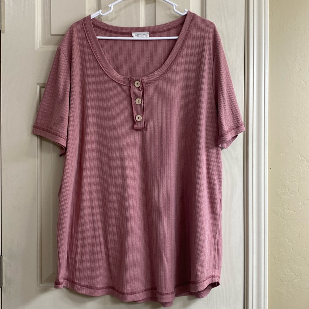 First Love Henley, Dusty Rose Terri cloth tee, with chunky buttons.